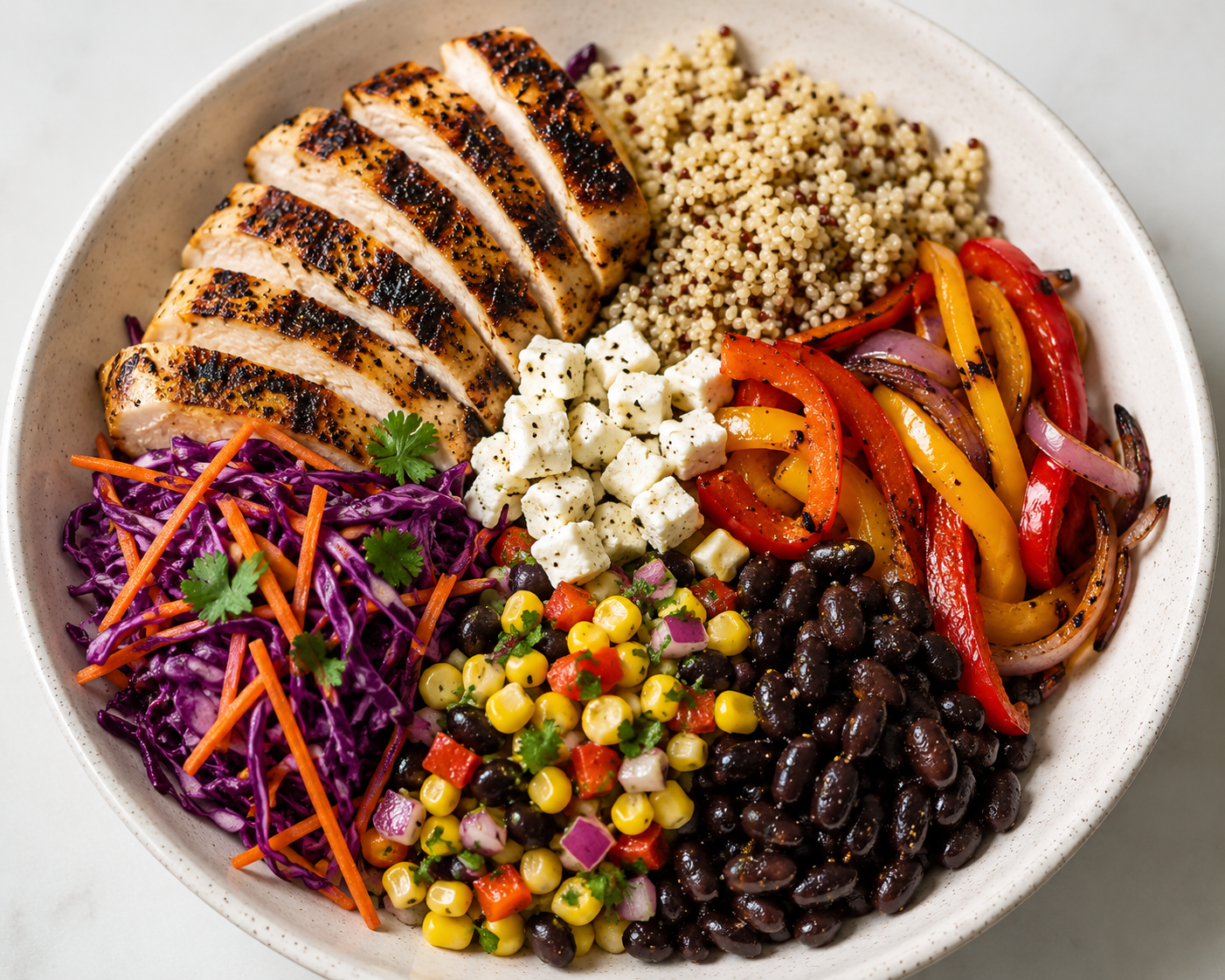 A colorful grain bowl with grilled chicken.